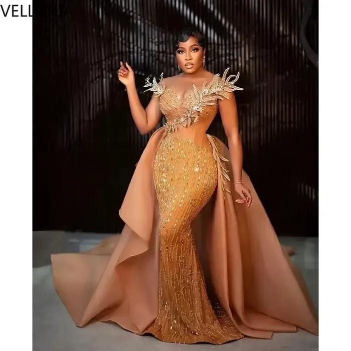 Robe Aso Ebi trapèze à paillettes dorées
