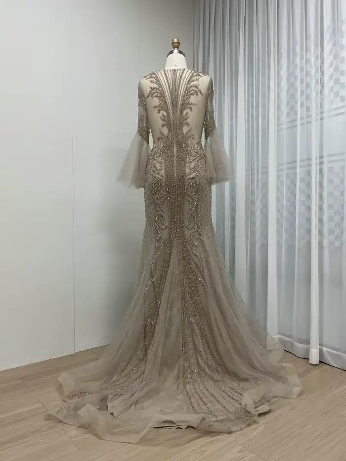 MYMB luxe Caramel sirène perlée soirée robe formelle pour la fête de mariage élégant arabe manches longues mère