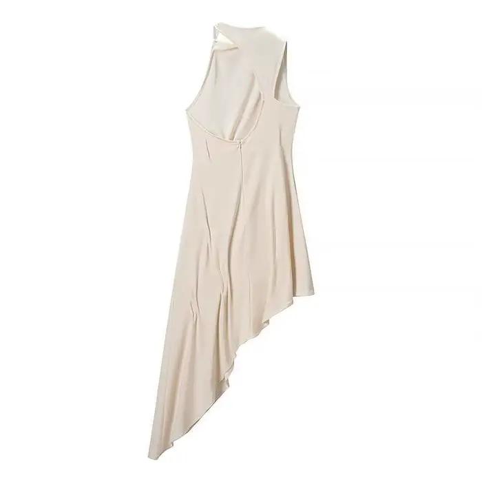 Robe en maille asymétrique gris beige coupe ajustée style urbain taille haute mi-longue évasée sans manches pour l'été