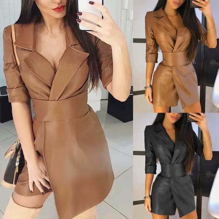 Robe en cuir à manches longues pour femmes
