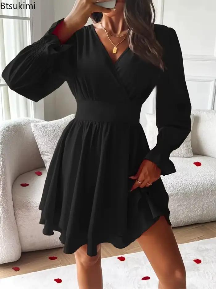 Nouvelles robes d'été 2026 Vêtements pour femmes Robe courte à col en V et manches lanternes