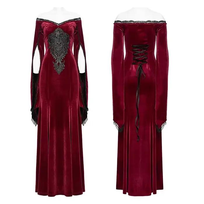 Robe gothique longue en velours polyester avec patchwork et dentelle pour femmes - Occasions spéciales et événements gothiques
