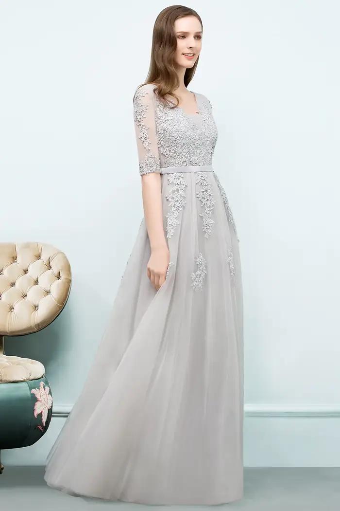 Robe de soirée élégante à manches mi-longues, appliques en dentelle, col en V, dos nu, silhouette Empire pour occasions spéciales et soirées officielles