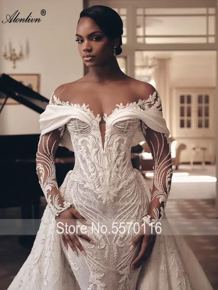 Alonlivn sur mesure luxe dentelle 2 en 1 robe de mariée sirène perles broderie Illusion cou trompette robes