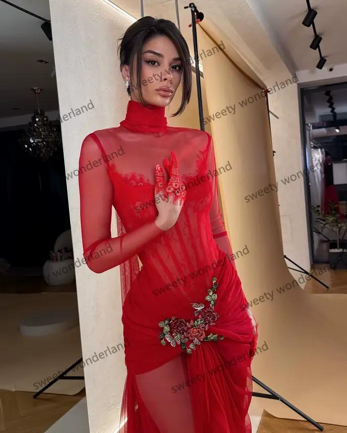 Robes de soirée rouges femme manches longues vestidos de noche arabe col haut robe de bal broderie