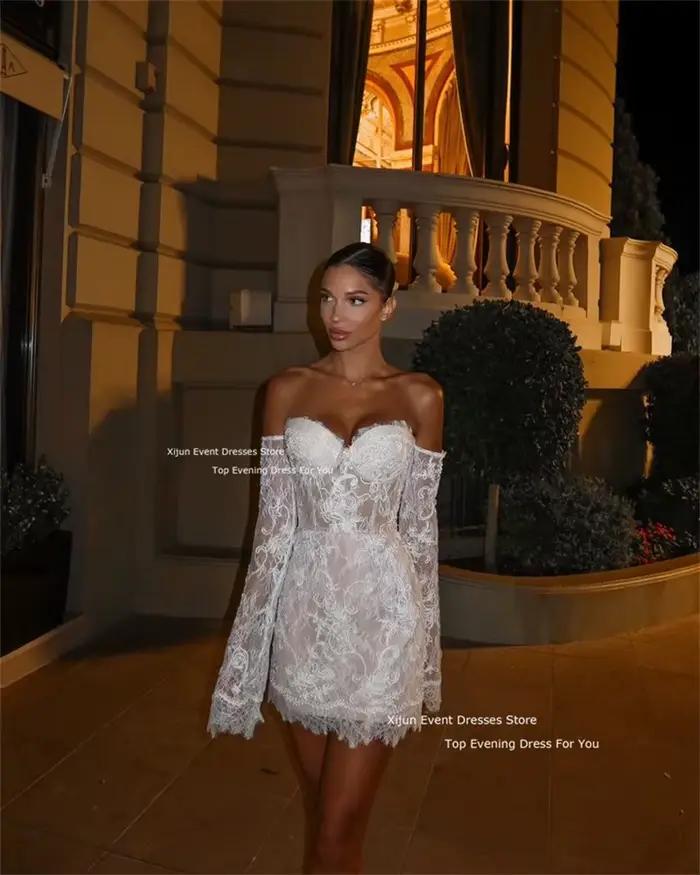 Xijun-Robe de Mariée Courte en Dentelle à Manches en Cœur