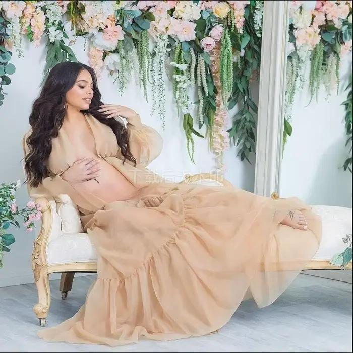 Robe de grossesse élégante à col en V pour femme soirée officielle famille look bal party prom première fête d'anniversaire baby shower photo shoot nouvelle collection 2025 polyester tulle style pastoral polyvalente sur mesure