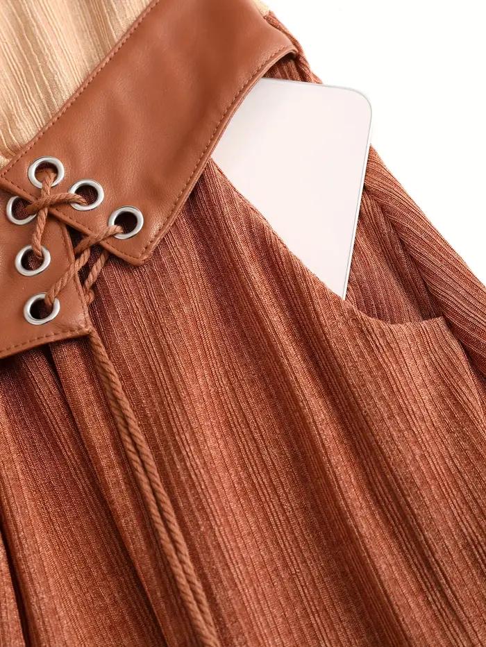 Robe longue en polyester tricoté léger grande taille avec motif patchwork et poche à pompon pour femmes occasions spéciales automne été