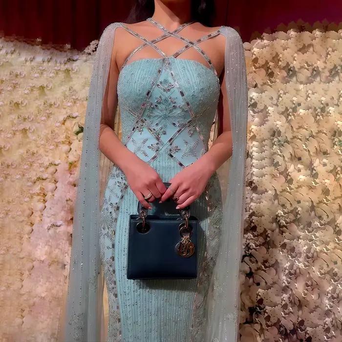 Sharon Said Dubai Champagne sirène robes de soirée avec manches Cape Aqua croisé lilas robe