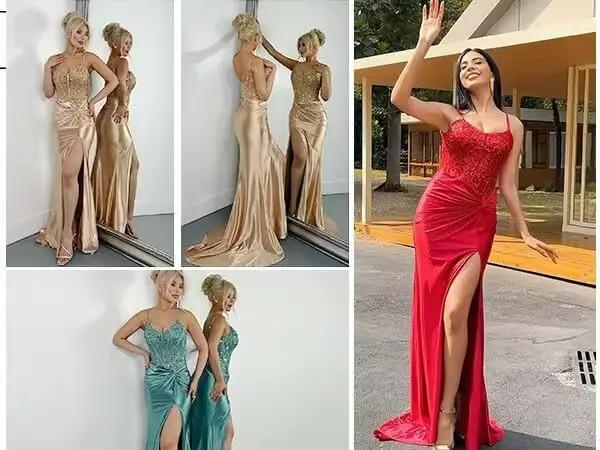 Robes de bal sirène vert sauge de luxe en dentelle à fines bretelles avec fente latérale haute