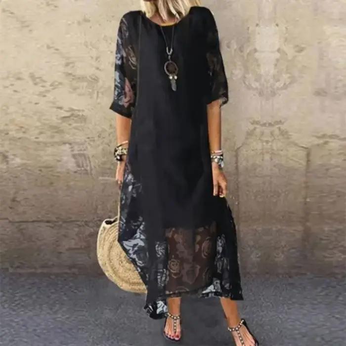 Femmes L-5XL grande taille été col rond manches courtes dentelle longue robe Vintage fait à la main creux fleur