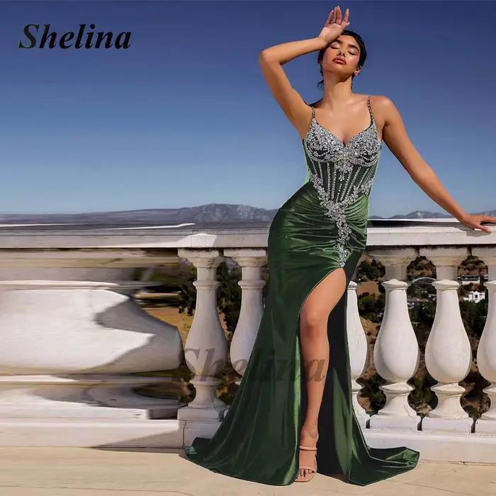 Shelina Opulent Robes De bal bretelles Spaghetti strass Mermiad haute fente sur mesure Occasion