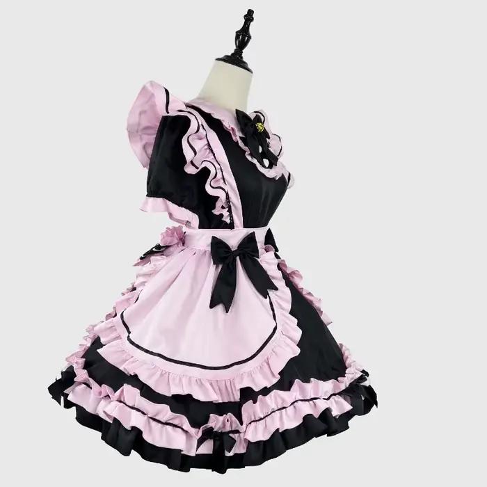 Robe de demoiselle d'honneur Lolita noire et rose avec nœud chat et dentelle