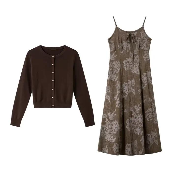 VIMLY Tenues de Vacances Femme 2026 Ensembles Robes Décontractées Manches Longues Cardigan Tricoté Robe Longue à Bretelles Vêtements d'Automne pour Femmes A2957