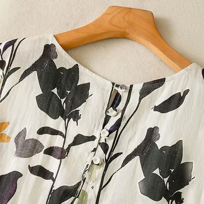 Robe sans manches à col rond imprimée en coton et lin pour femme