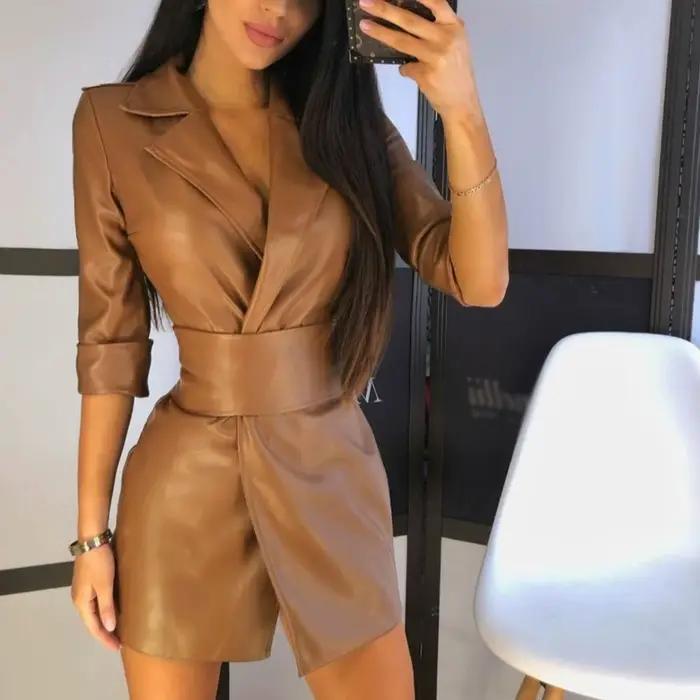 Robe en cuir à manches longues pour femmes