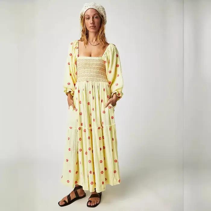 Boho plage coton Chic broderie florale Maxi Robes pour femmes