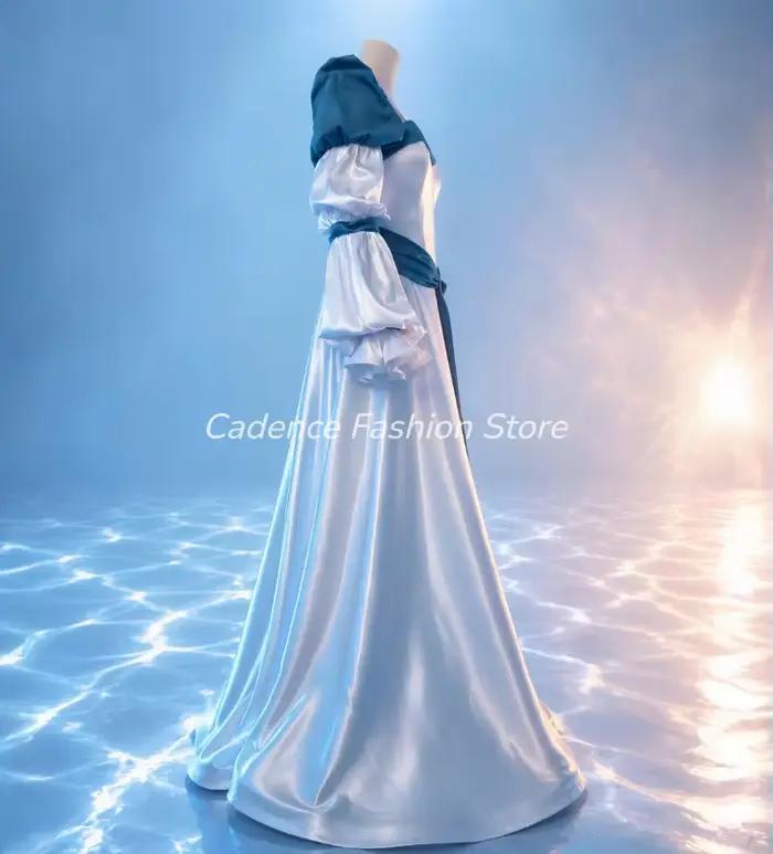 Robe de soirée classique médiévale blanche en satin scintillant à manches lanternes