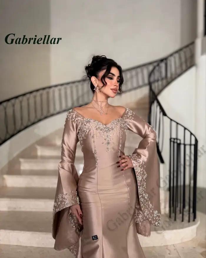Gabriellar robes de bal à la mode pour femmes col en V manches longues évasées cristal Occasion spéciale robe Satin sirène personnalisé