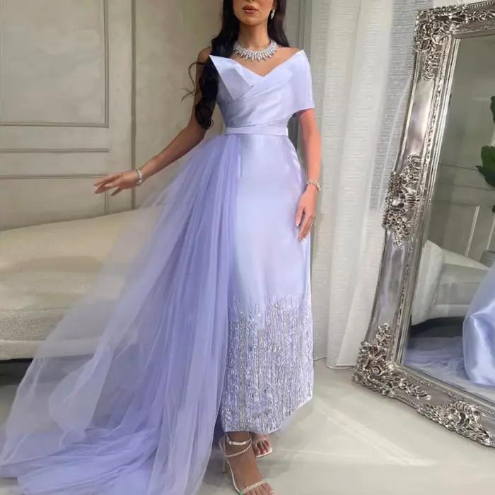 Robe Sharon Said en polyester vert sauge pour soirée officielle avec surjupe, décolleté d'une épaule, perles et plissé, tenue de mariage personnalisée pour femmes de tous âges
