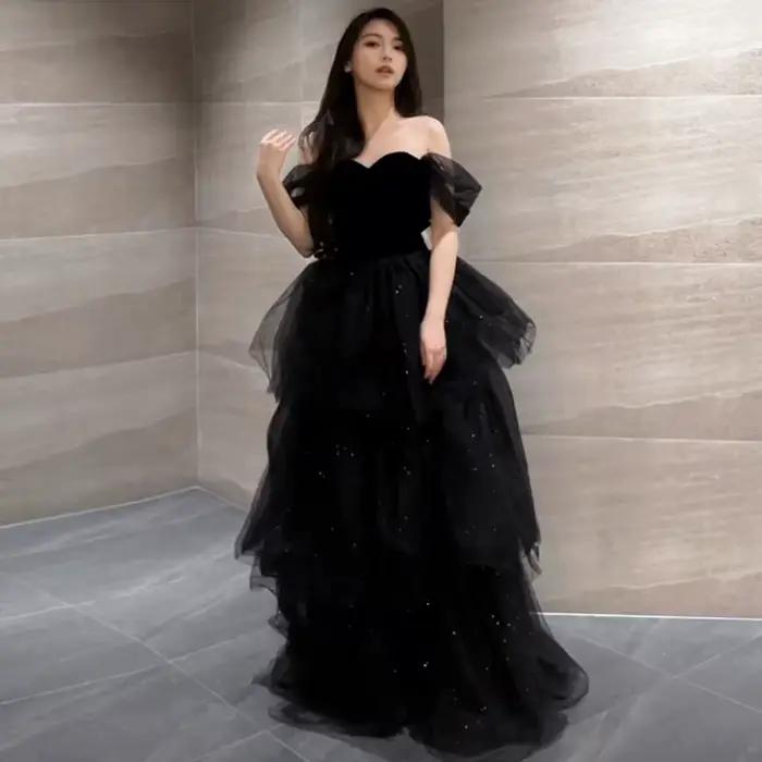 Robe de soirée noire sexy col bateau pour bal anniversaire cérémonie de remise de diplôme femmes occasions spéciales élégante soirée mariage