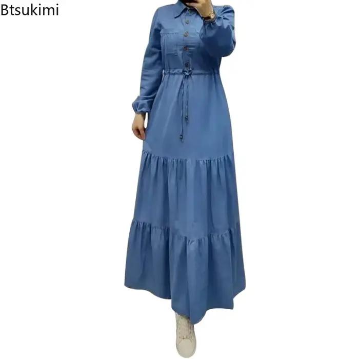 Robes Maxi musulmanes arabe Islam vêtements simple boutonnage revers à lacets femmes Robe longue élégante dubaï turquie