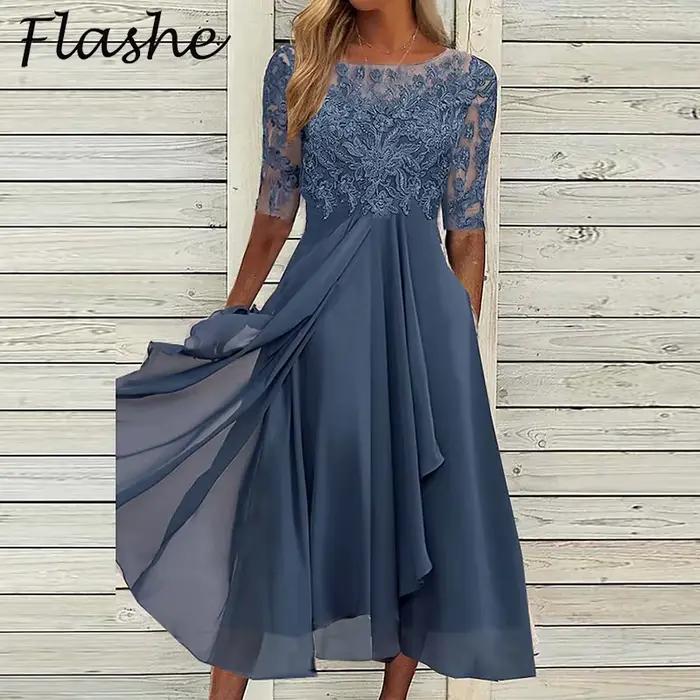 Robe de soirée en dentelle à col rond pour femmes