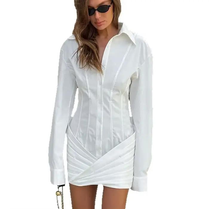 2025 hiver blanc moulante Mini robe à manches longues ceinturée taille courte balançoire