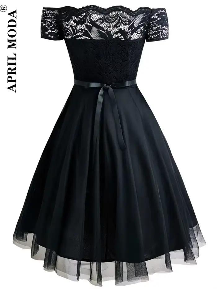 Femmes Vintage robe en dentelle formelle rouge noir vert Slash cou Tulle Midi Jurken Chic rétro gothique années 50 robes trapèze vêtements de fête