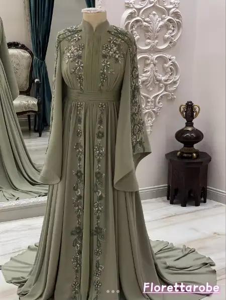 Florettarobe caftan marocain robe de soirée musulmane a-ligne manches longues en mousseline de soie Applique dubaï arabe Abaya islamique personnalisé