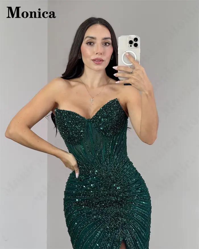 MONICA Vintage fente Robes De soirée pour les femmes gland hors De l'épaule sirène perles robe De bal