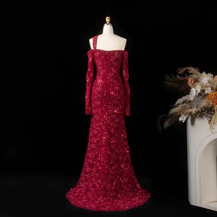 Robe de soirée sirène élégante rouge bordeaux Sharon Said Dubai avec perles florales lourdes