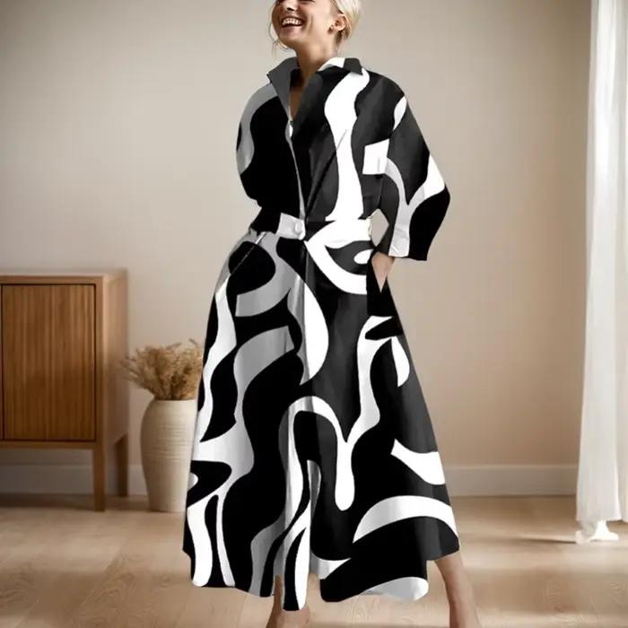 Robe longue taille haute à manches longues pour femmes, polyester, motif imprimé, coupe lâche, col rabattu, adapté aux événements formels, soirées et journées de travail