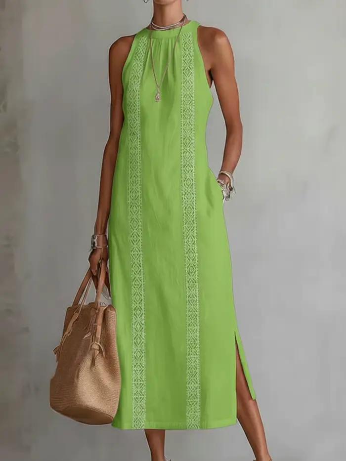 Collection Printemps 2026 Vêtements Femme : Robe de Vacances à Col Noué avec Accents en Dentelle Couleur Unie