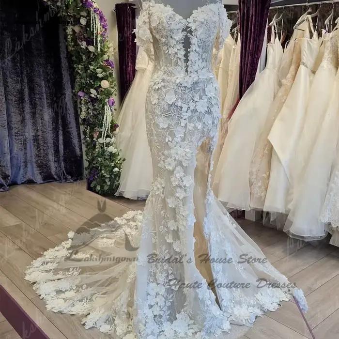 Yanshmigown-Robe de mariée sirène en dentelle florale personnalisée