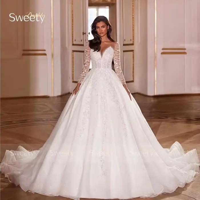 Robe De mariée luxueuse en dentelle brodée sur filet avec paillettes