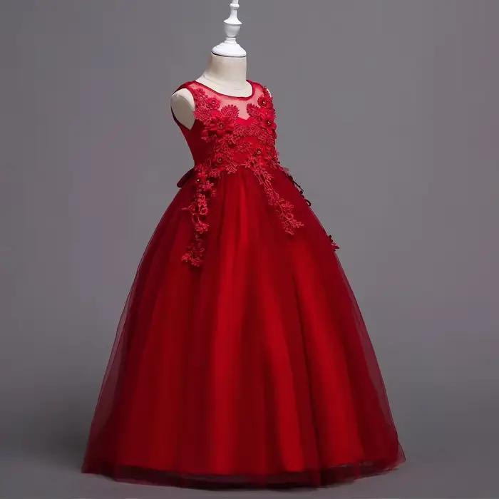Belle longue robe de fille de fleur pour les filles élégant bordeaux rose vert blanc enfants robes de fête de mariage