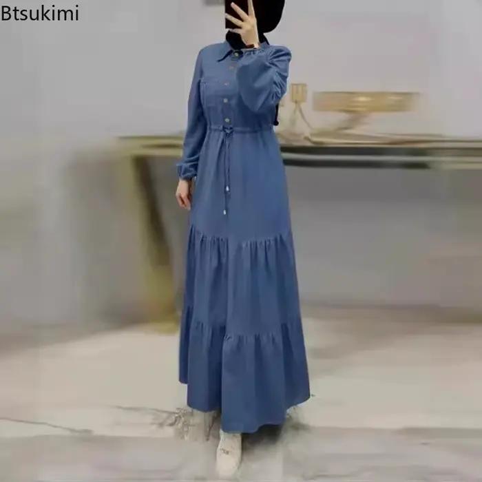 Robes Maxi musulmanes arabe Islam vêtements simple boutonnage revers à lacets femmes Robe longue élégante dubaï turquie