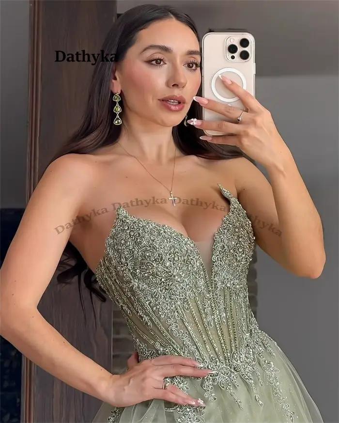 Dathyka glamour a-ligne robes De soirée pour les femmes Illusion paillettes Appliques fente Corset