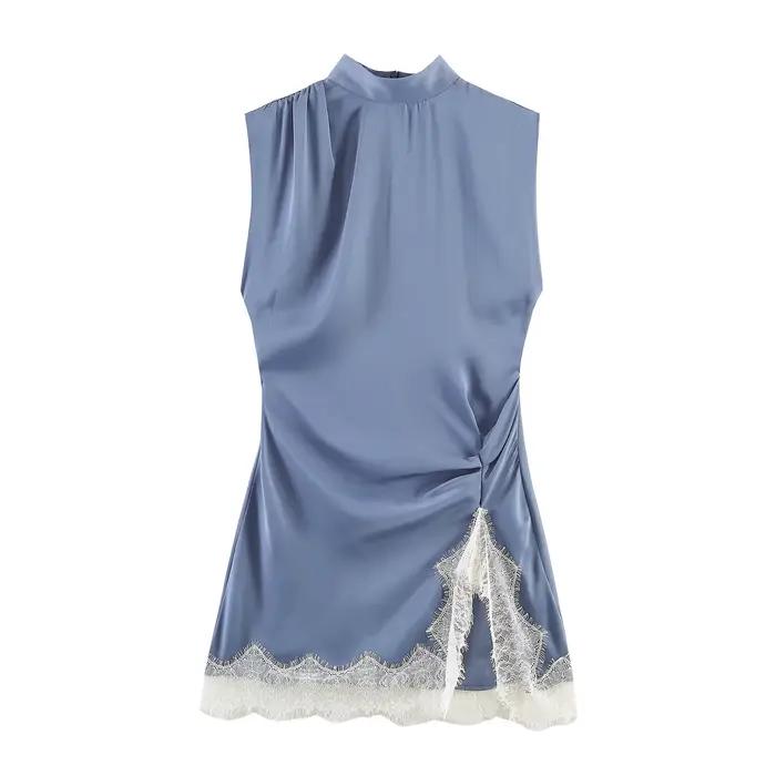 Robe bleue élégante Lyaner Amiily col roulé sans manches ourlet en dentelle à volants mini slim fit automne hiver pour femme occasions spéciales