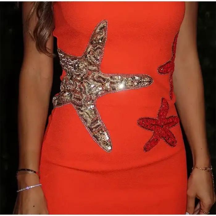 Sea Star Brodé Tricoté Femmes Mini Robe Décontracté O Cou Sans Manches
