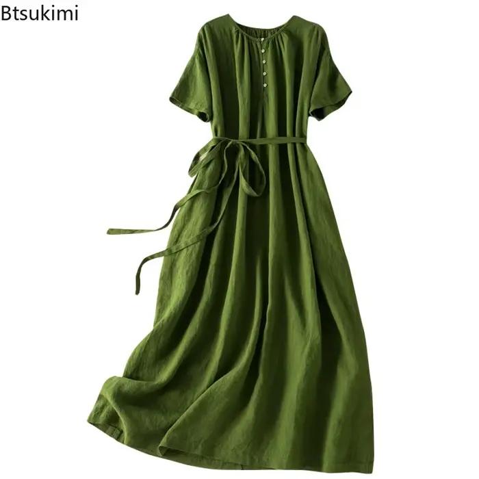 Robe en coton et lin décontractée vintage maxi à lacets pour femmes d'été ocasions spéciales et quotidiennes