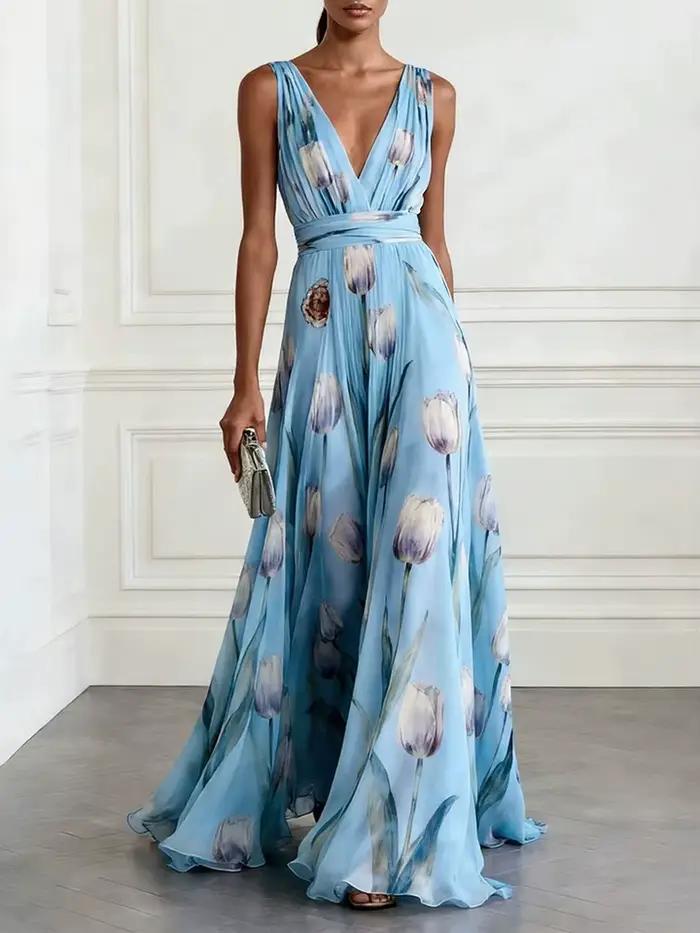 Robe longue élégante en mousseline de soie à col en V profond