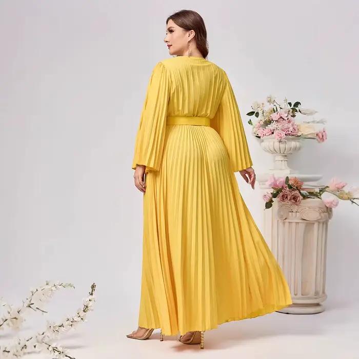 Grande taille femmes robe de soirée élégant solide à manches longues plissé col en v profond ample a-ligne à lacets automne fête Club robes de bal