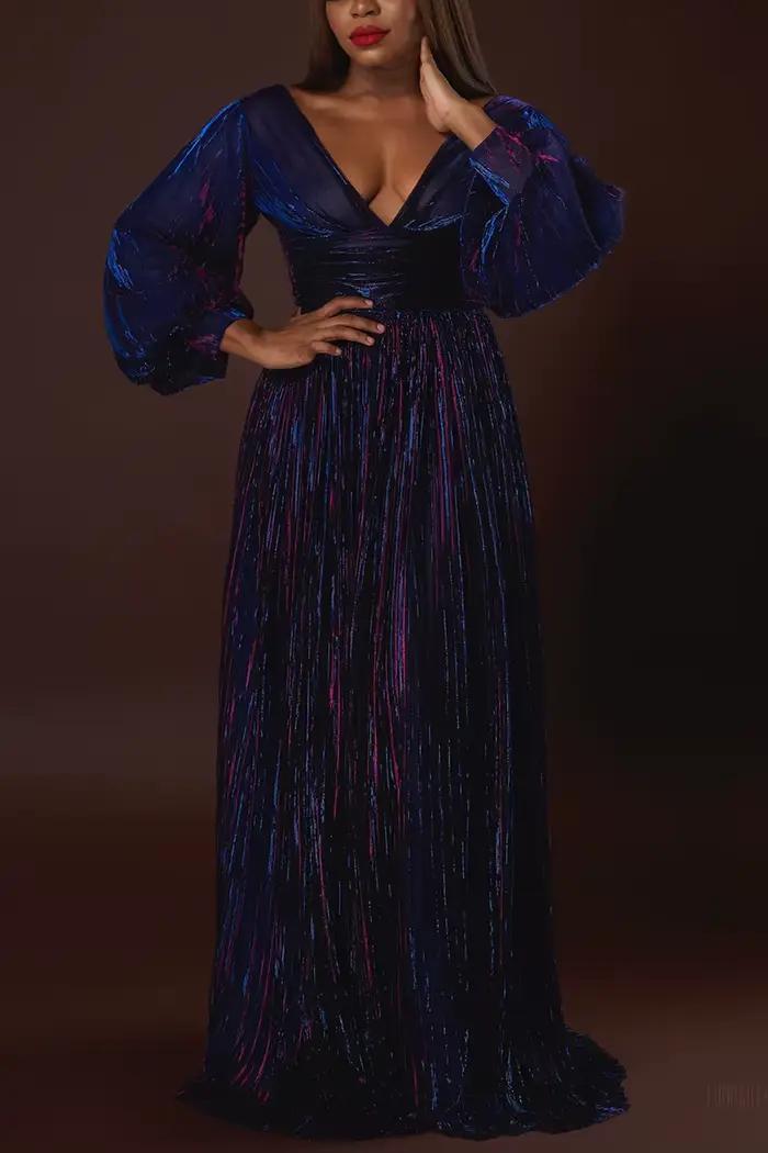 Robe longue formelle multicolore plissée col en V et manches longues grande taille polyester acétate occassions spéciales femmes elegance confort
