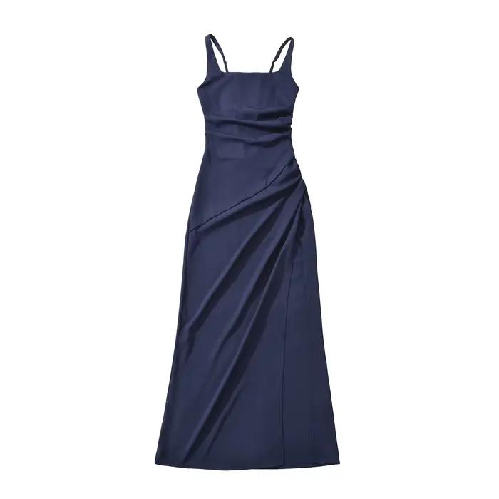 Robe longue élégante de style français avec fentes latérales et ceinture à la taille