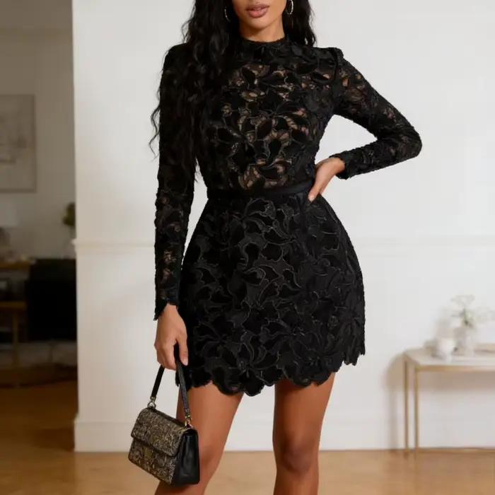 Robe femmes robes Sexy col rond évider ceinture taille serrée