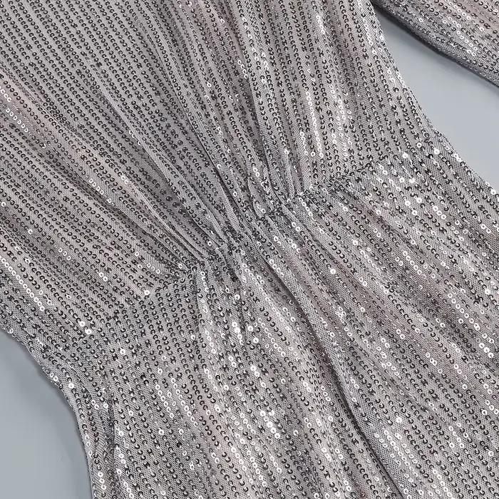 Robes longues à paillettes argentées pour femmes avec col en V profond et épaules structurées – Robe de soirée sexy Vestidos Largos