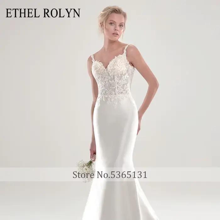 ETHEL ROLYN Robe De mariée sirène Satin dentelle Appliques bretelles Spaghetti dos nu avec veste robes