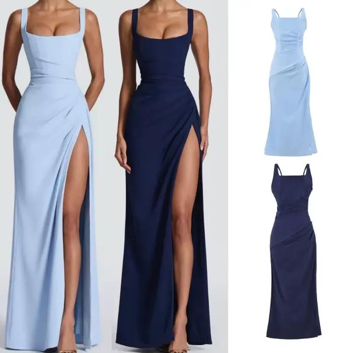 Robe longue élégante de style français avec fentes latérales et ceinture à la taille